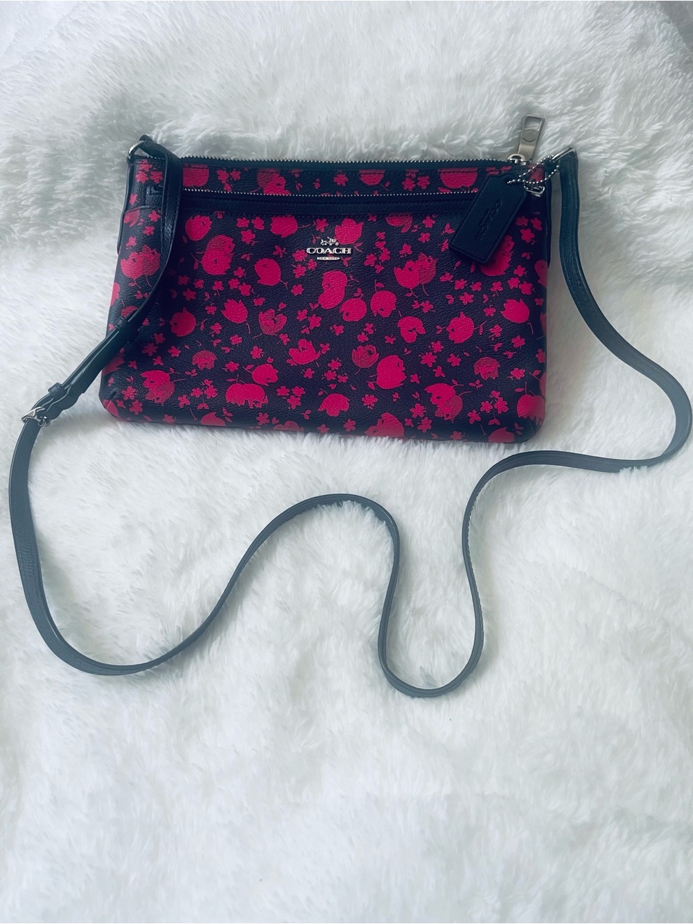 Coach Midnight Black and Pink Floral Crossbody Pouch